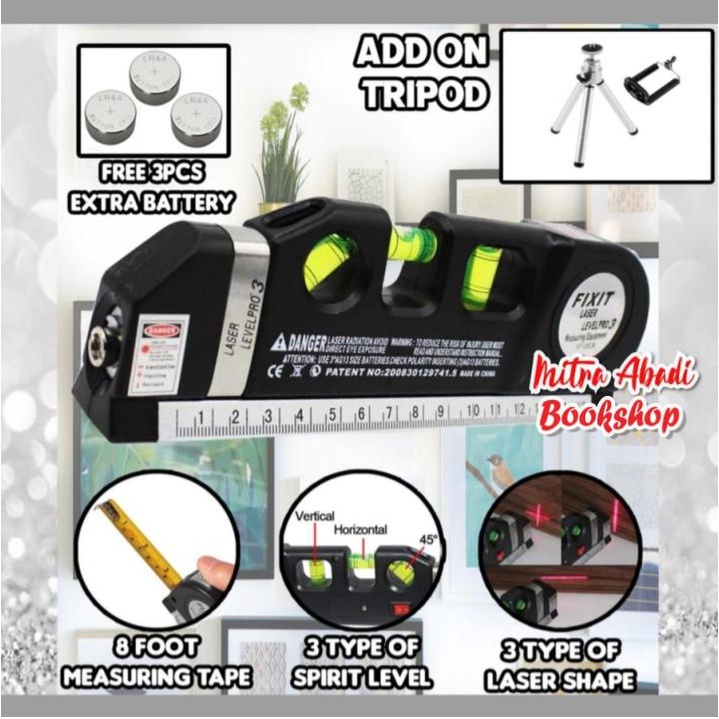 Waterpass Laser Level Pro 3 dengan Alat Ukur 250 cm Multi-Purpose Tool