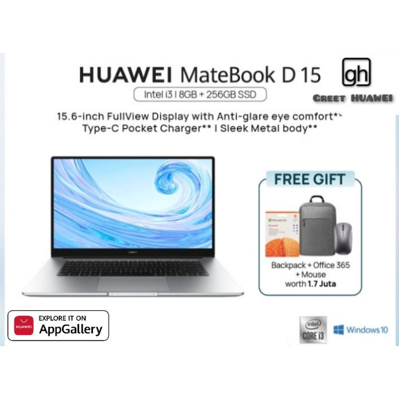 Jual HUAWEI MateBook D15 i3 Laptop [i3/8GB/256GB SSD] 15inch win10