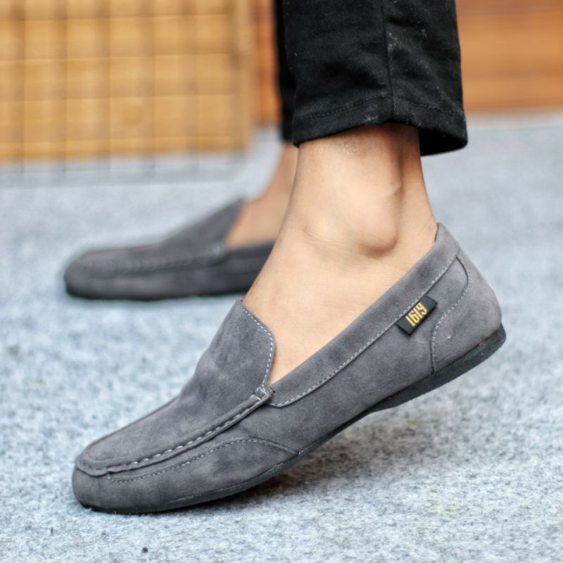 MODMEX GREY Sepatu Pria Keren Slip On Casual Spatu Slop Santai Main Selop Kasual Original Kulit Suede