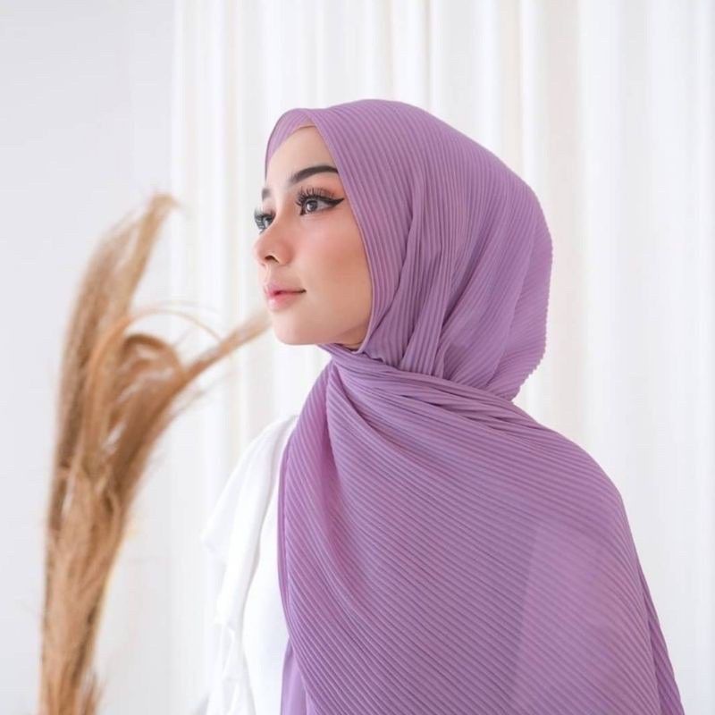 hijab pashmina plisket premium panjang 75x170 tanpa garis tengah//pashmina plisket terlaris murah-Lavender