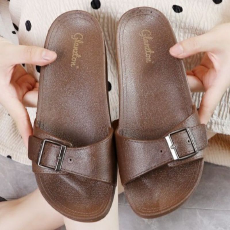 Sandal Wanita Glanzton F2153 Sendal Gesper Slop Selop Karet Jelly Glanston Glaston Import Impor Slip On Birken Perempuan Lentur Elastis Empuk Cewek Murah-GLZ Coklat Muda