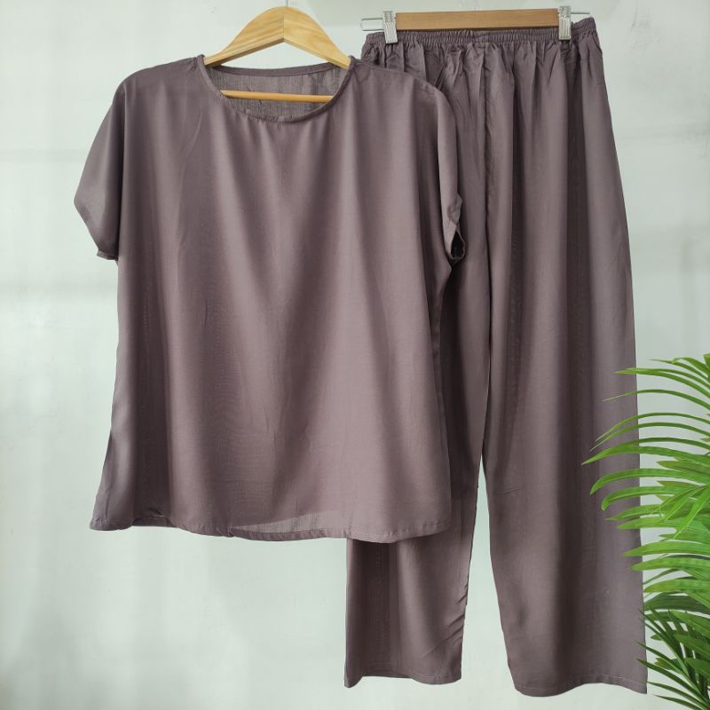 BAJU TIDUR POLOS PIYAMA POLOS CELANA PANJANG LENGAN PENDEK BAHAN RAYON babbydoll-POLOS BURGUNDI