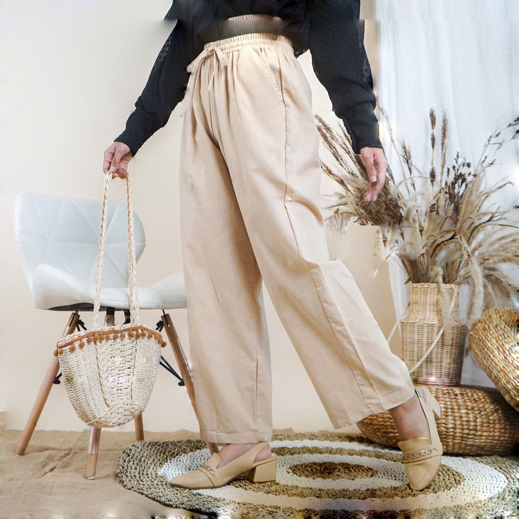 Celana Kulot Wanita Jumbo - WIDI PANTS KULOT SERUT LINEN RAMI - Bawahan Wanita Celana '-Cream