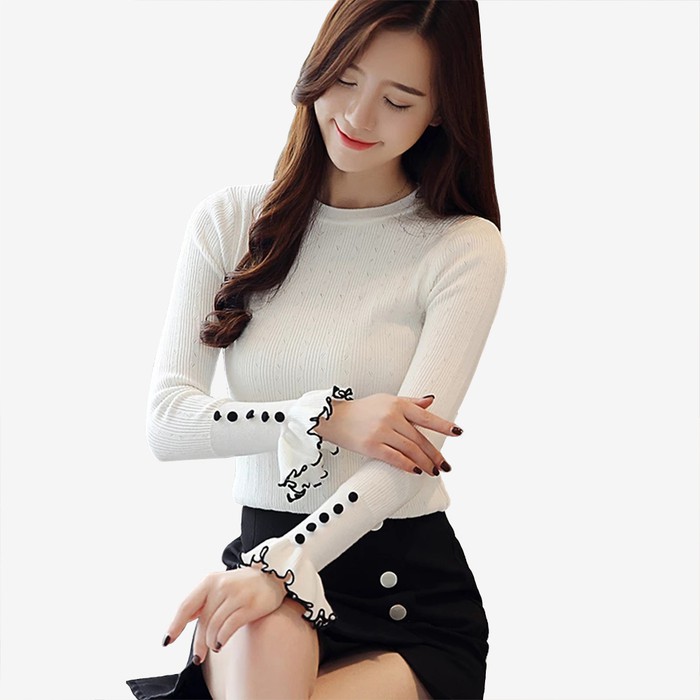 FUJUMI Sweater Wanita Rajut Korea Sweater Rajut Wanita Murah - Putih