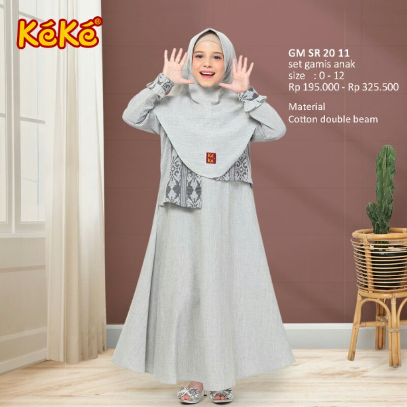 Keke Gamis Anak Set Jilbab Motif Polos Kombinasi Tenun Sr 20.11 Abu/Gamis Anak Simple/Gamis Anak Ter