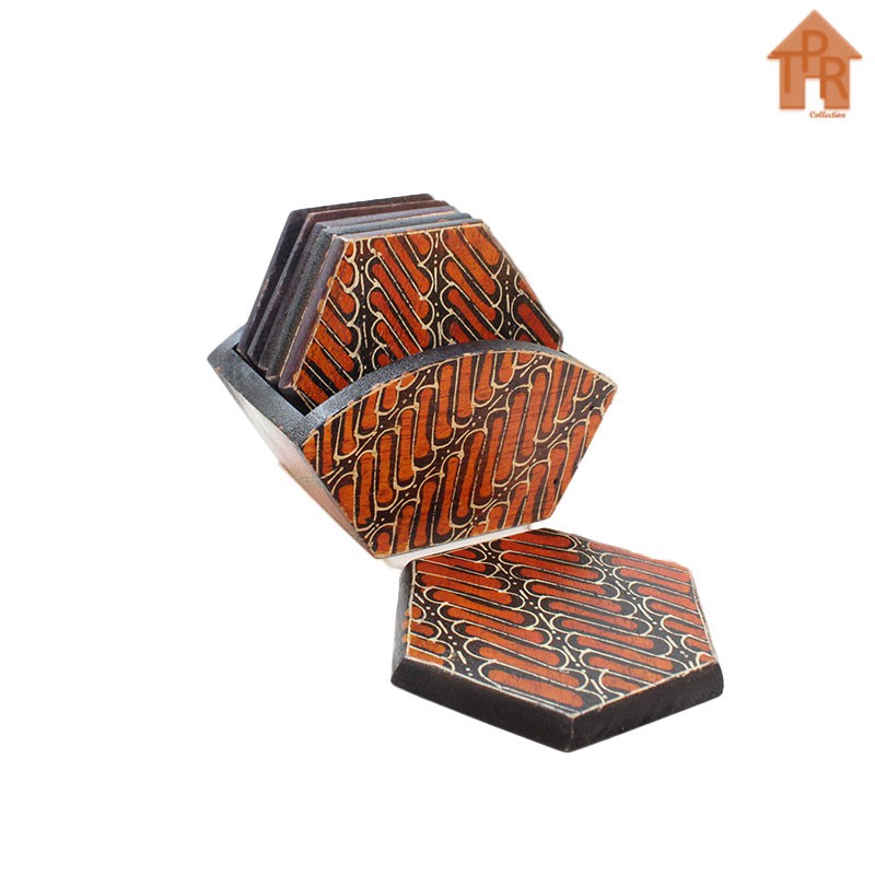 Coaster Kayu Batik / Tatakan Hexagonal D9 x 6pcs.