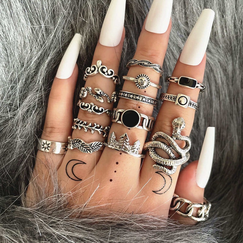 15 Pcs Cincin Knuckle Desain Geometri Bintang Awan Daun Pohon Natal Ular Untuk Wanita