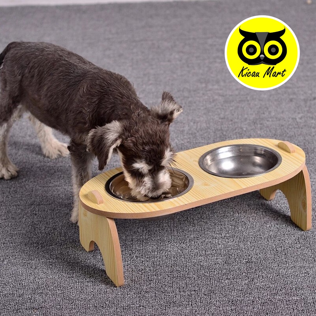 Tempat Makan Kucing Anjing Double Pet Bowl Rak Kayu Double Mangkok Wadah Pakan Minum Anabul Wood Stand Pet Dining Table Double Bowl Neck Protection Stainless Cat Puppy Food Bowl