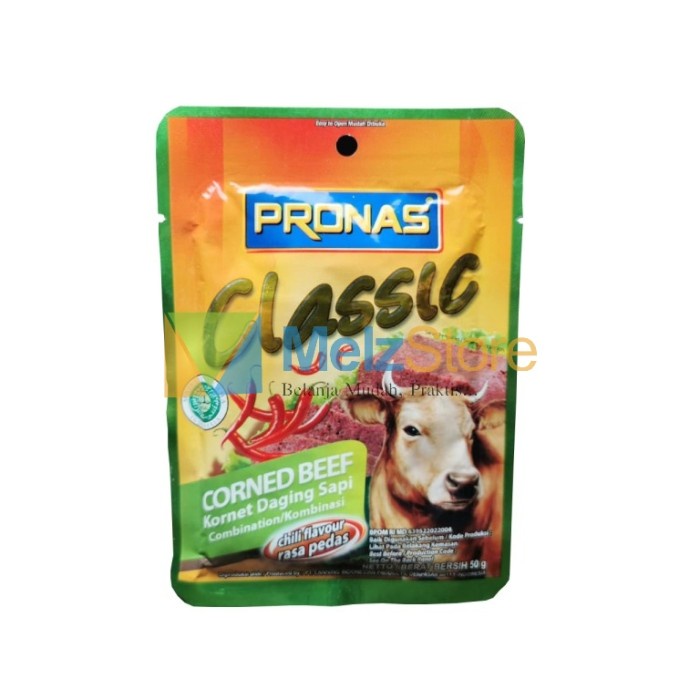 

5ds45ss Pronas Corned Beef Daging Sapi Pedas Classic Sachet 50Gr Xa20X1