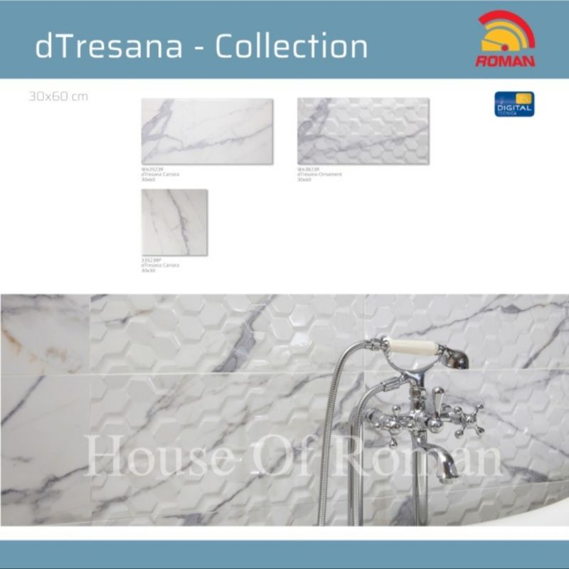 Roman Keramik dTresana Carara Series / Keramik Kamar Mandi Roman / Keramik Kamar Mandi Putih Marmer / Keramik Motif Marmer / Keramik Putih Marble / Keramik Roman Murah / Keramik Roman Promo / Keramik Kamar Mandi / Lantai Kamar Mandi / Keramik Dinding