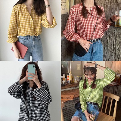 ilook | Kemeja Round Neck | Korean Round Neck Plaid Loose Sweet Casual Longsleeve Shirt