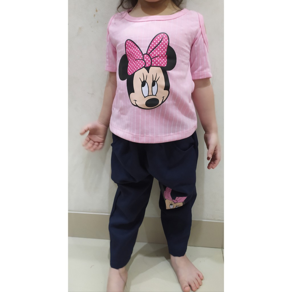 VISION ONLINE-SETELAN STRIPY MINNIE PINKY/SETELAN ANAK PEREMPUAN 1 2 3 4 5 TAHUN MURAH LUCU