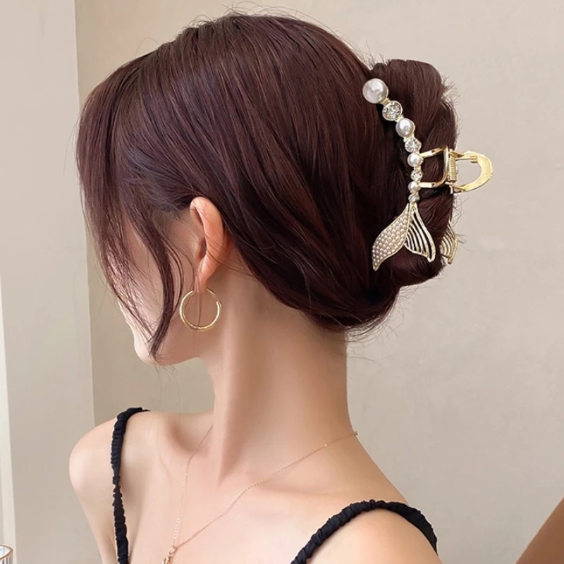 Korean Women Fashion Metal Golden Imitation Pearl Large Fishbone Hair Clip / Simple Bath Shower Makeup Hair Claw