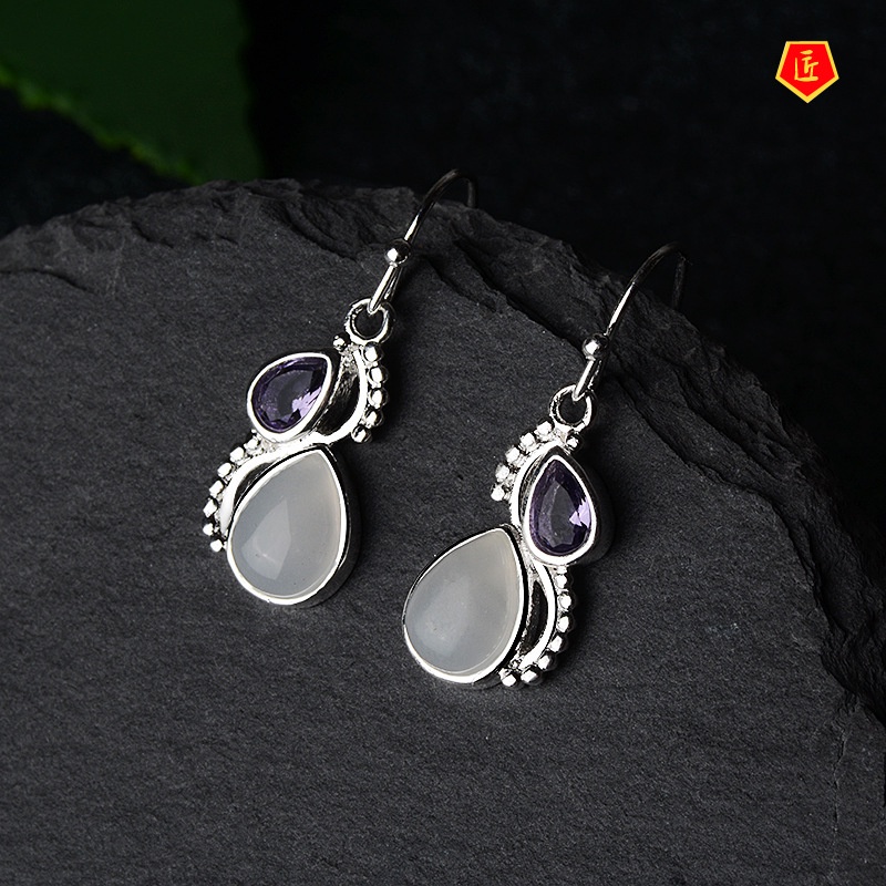 [Ready Stock]Inlaid Amethyst Moonstone Earrings Retro Temperament