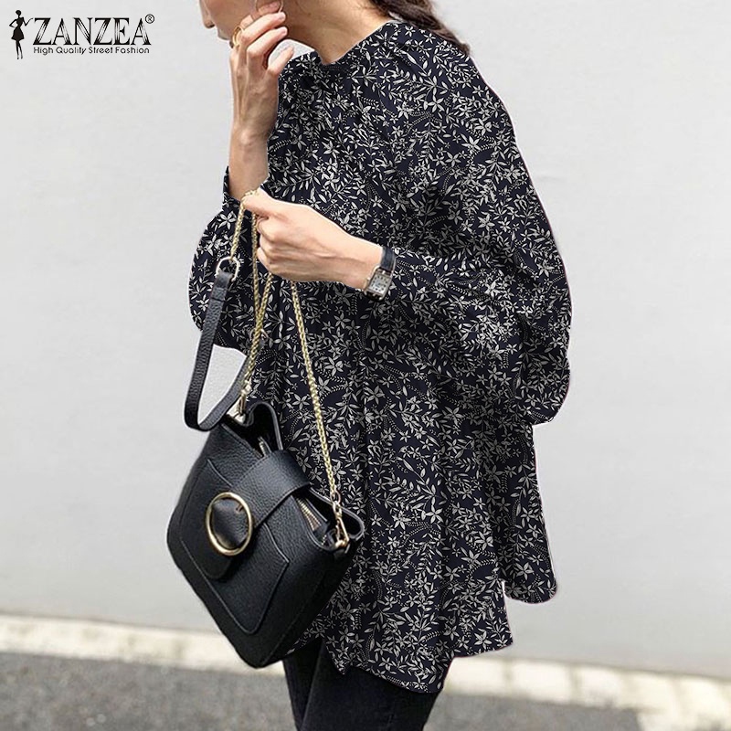 ZANZEA Women Puff Sleeve Casual Loose Back Buttons Printed Blouse