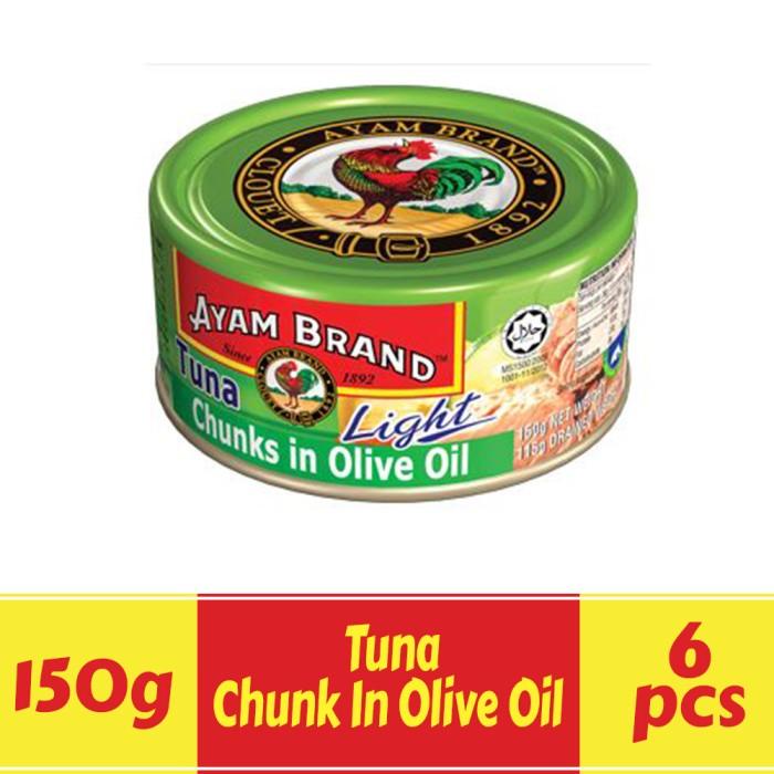 

Kaleng | Ikan Tuna Kaleng Paket 6 Pcs Chunk In Olive Oil Ayam Brand 160Gr