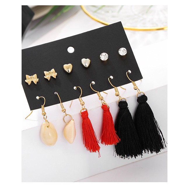 LRC Anting Set Fashion Color Shell Fringed Beach Heart Shaped Earrings Set 6 Pairs F76196