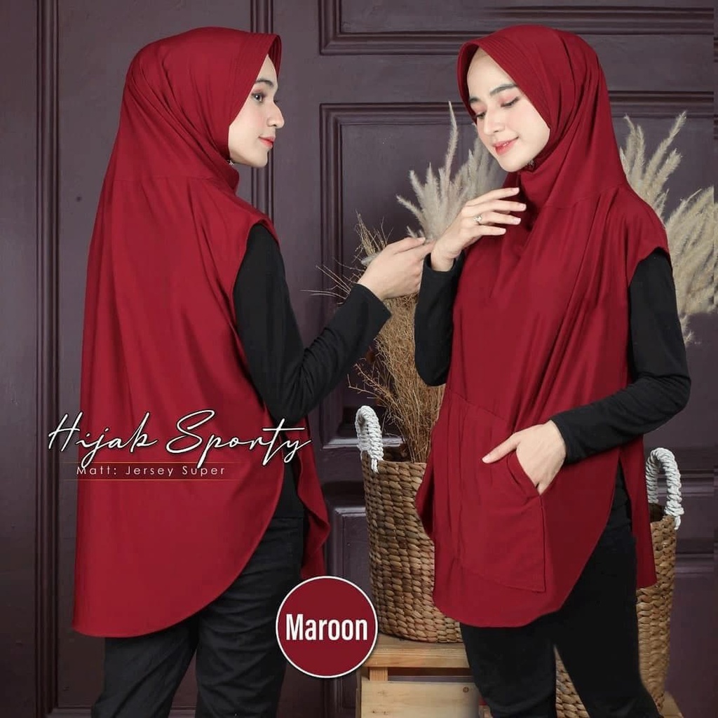 RB Falisha Saku Jilbab Khimar Hijab Sporty Lengan Saku Jersy Streach Kerudung Olahraga Jumbo