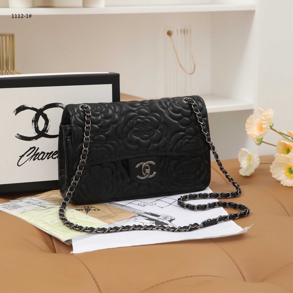 Ch Black Camellia-1112-1 Embossed Lambskin Classic Medium Double Flap Bag in Black-Silver