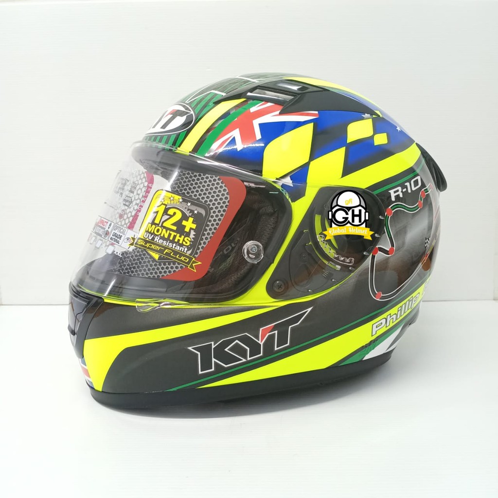 HELM KYT R10 FLAT VISOR PHILIP ISLAND GP RC CIRCUIT YELLOW FLUO GREEN BLUE FULL FACE