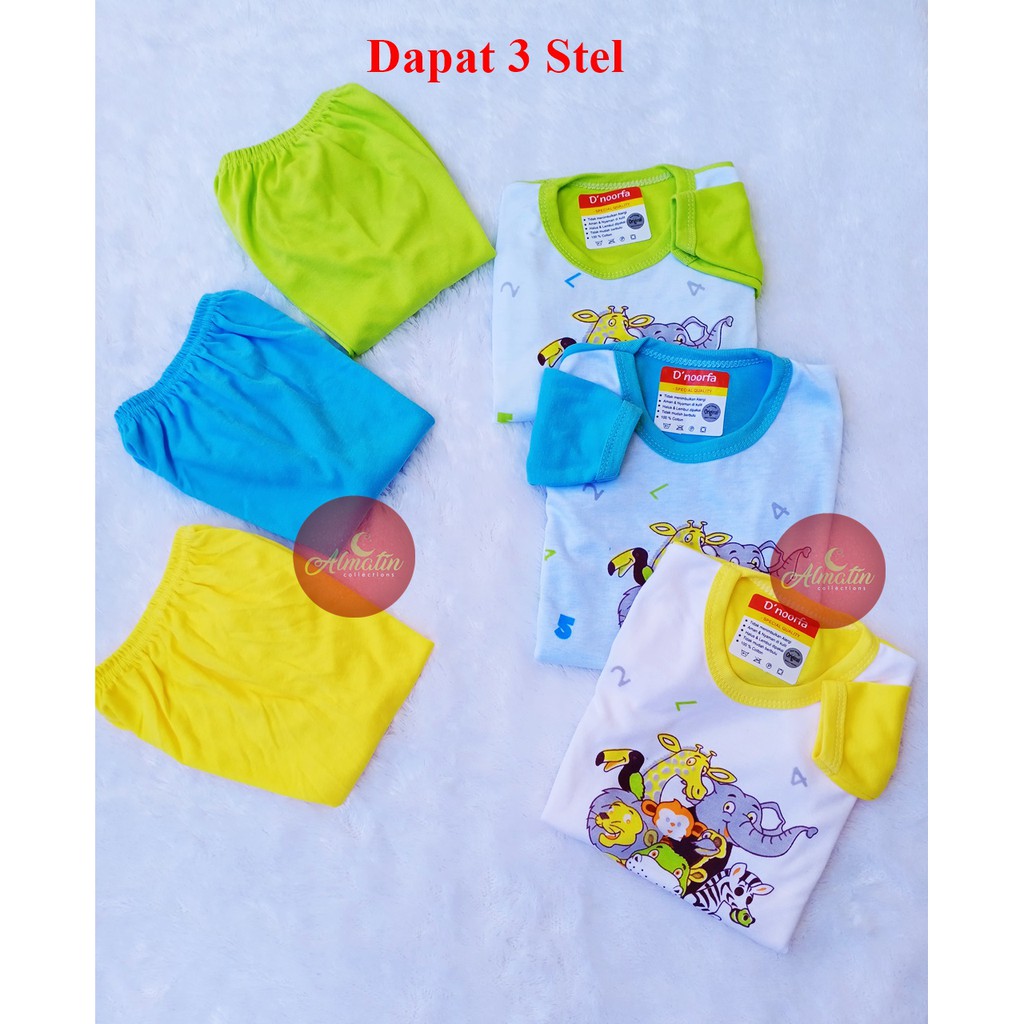 Setelan Piyama Panjang Bayi / 3 Stel Baju Panjang Anak Motif Animal / Baju Bayi D'noorfa