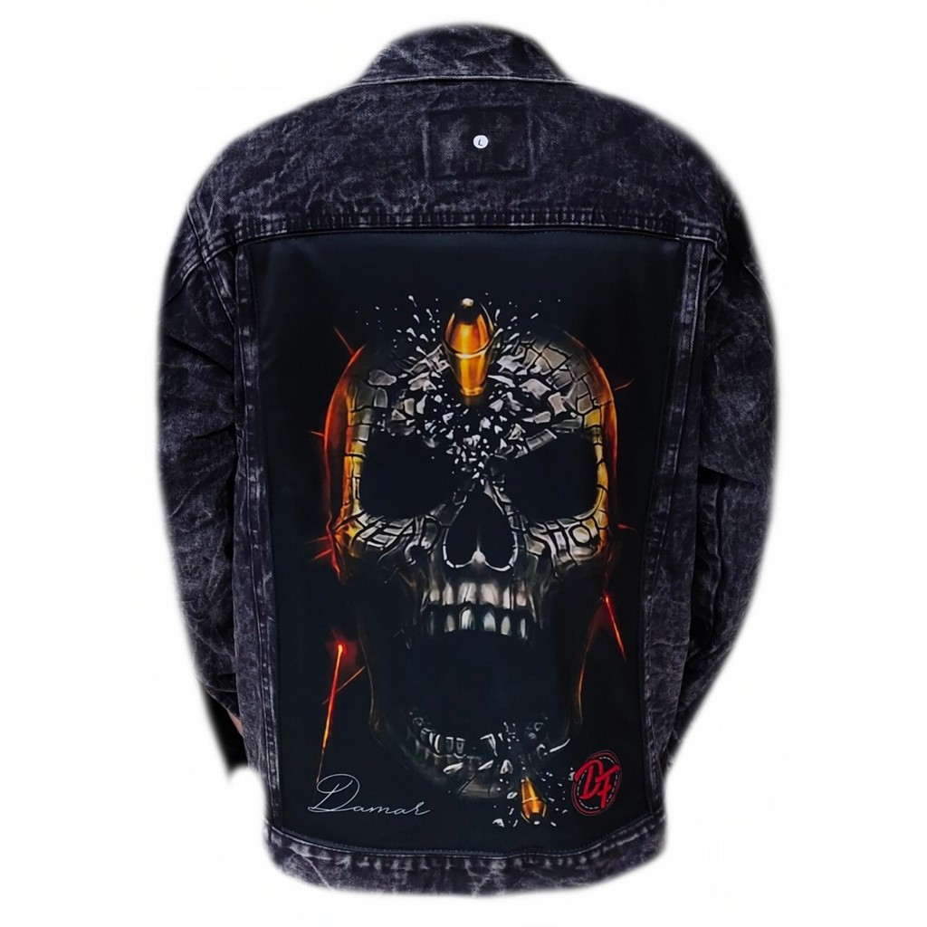 JAKET JEANS PRINTING DISTRO GAMBAR RED SKULL TENGKORAK GHOST RIDER TERMURAH TERLARIS