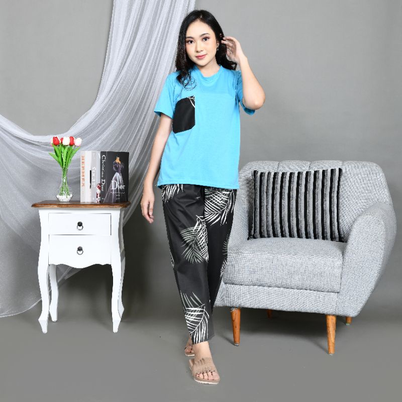Baju Tidur Piyama Wanita/Cewek Dewasa CP Oblong Celana Panjang Kombinasi Kekinian-CP OBLONG BC.B BLUE