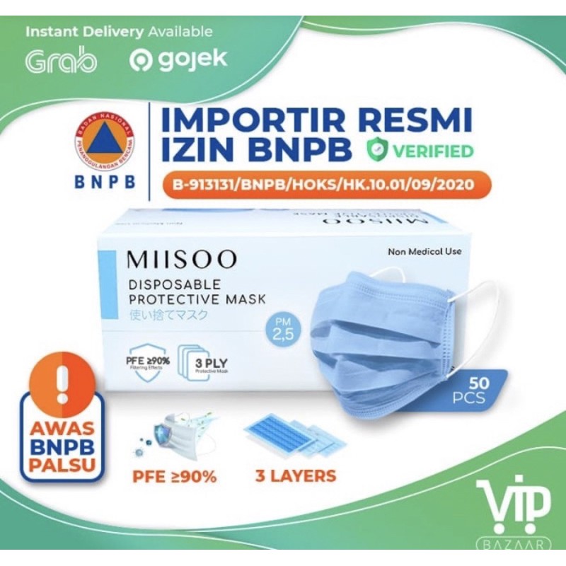 masker 3 ply  disposible miisoo hitam biru