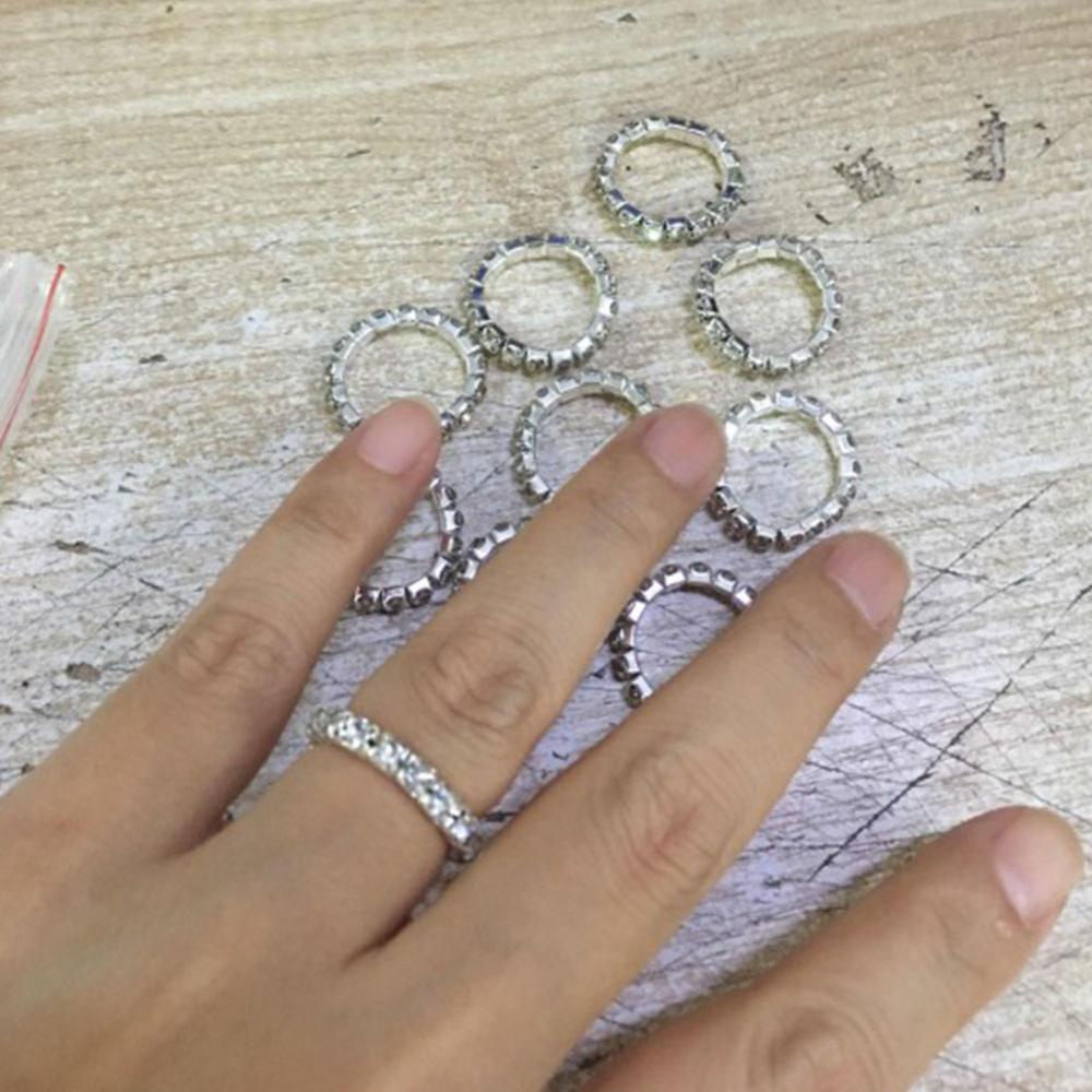 Timekey 10pcs Cincin Silver Elastis Hias Kristal Berlian Imitasi Multi Warna Untuk Wanita A2K7