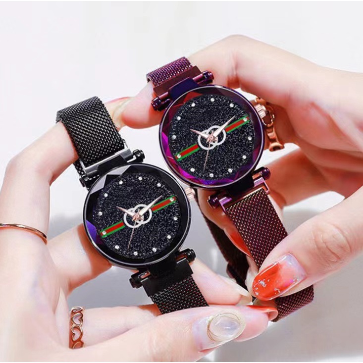 Rowling (Jam-13) Jam Tangan Analog Bulat Strap Stainless Steel  Gesper Magnet Untuk Wanita Import TANPA ACCESORIS