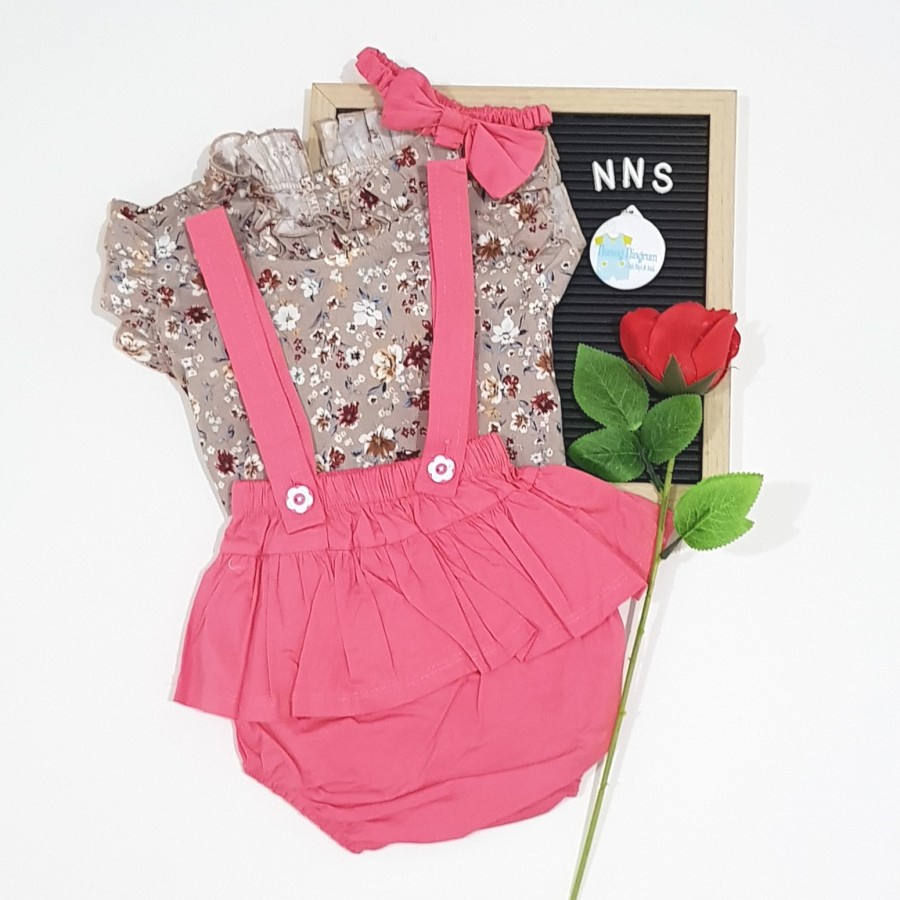 Baju Overall Celana Anak Bayi Perempuan Bunga Set Bandana