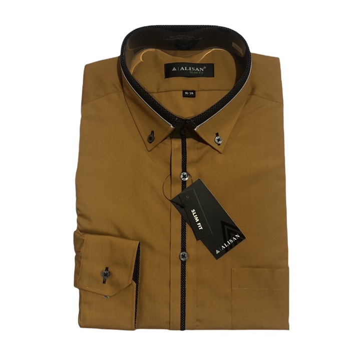 KEMEJA PRIA ALISAN COKLAT TUA KOMBINASI LIST HITAM SLIMFIT LENGAN PANJANG (kode:C7)