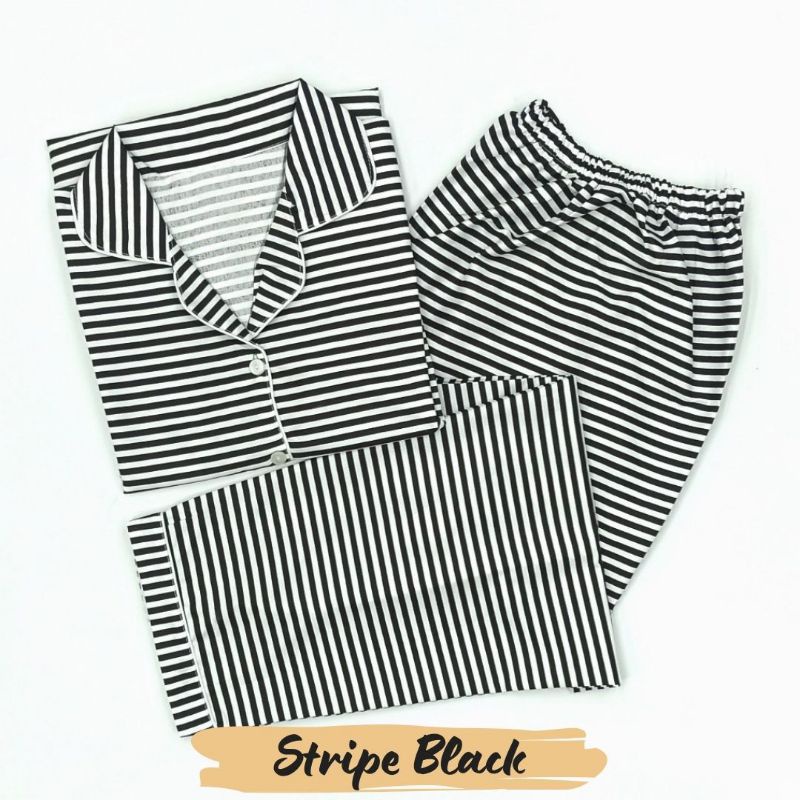 Baju Tidur Wanita | Piyama Wanita Kekinian | Oneset Setelan Wanita Bahan Katun Polymicro Bebas Pilih Motif-Stripe Black