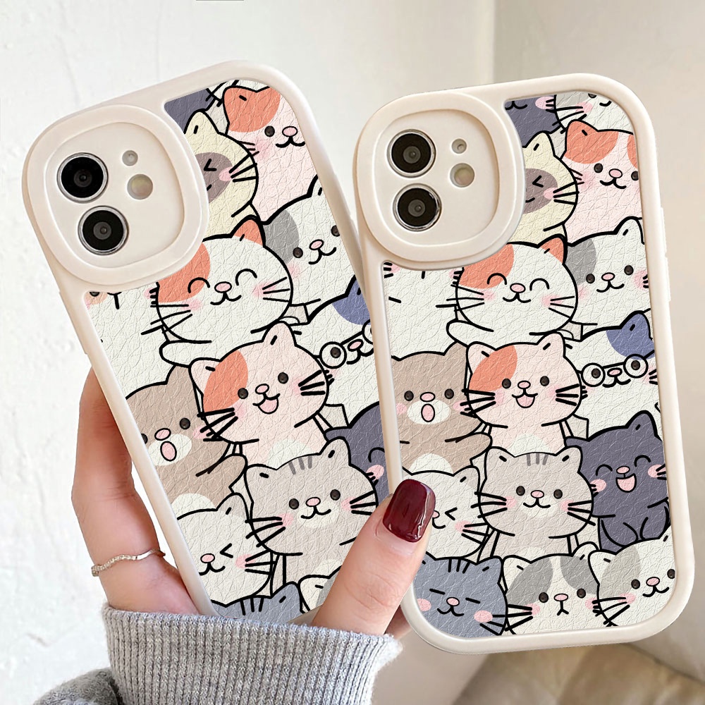 Soft Case Bahan Kulit Silikon Motif Kucing Untuk iPhone 11 12 13 14 Pro Max X XR XS Max 7 8 Plus SE2020 14 Plus