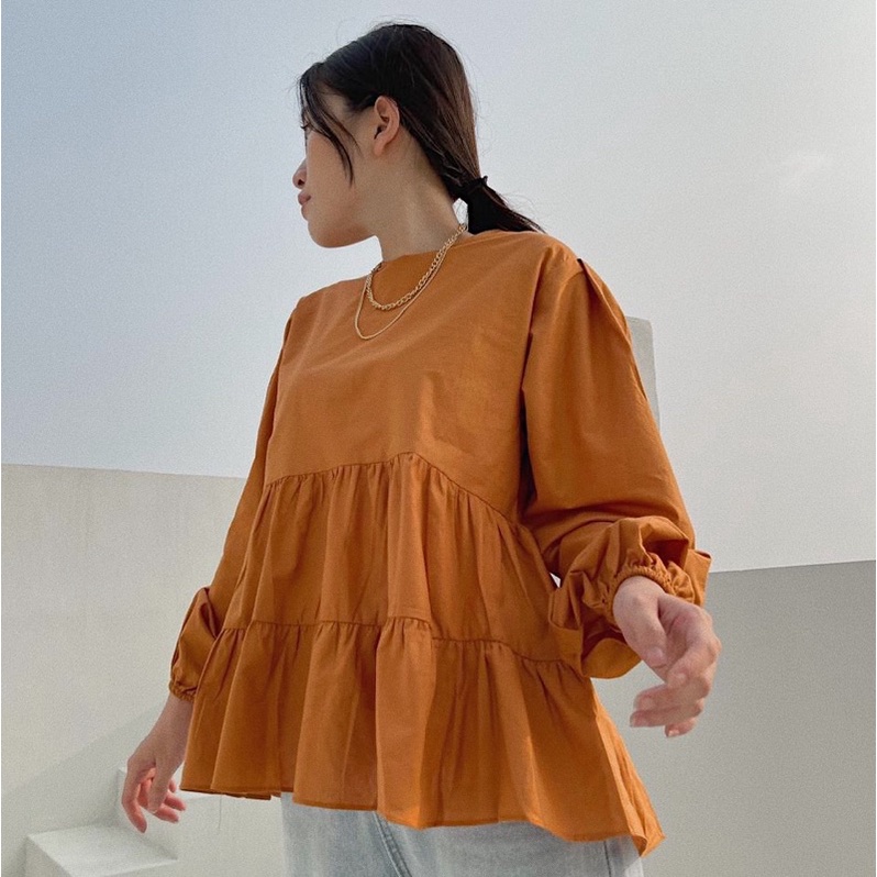 Kemeja Wanita Flanel Linen Motif Kekinian Katun Monalisa A0B5 Lengan Balon Casual Oversize Lengan Pa