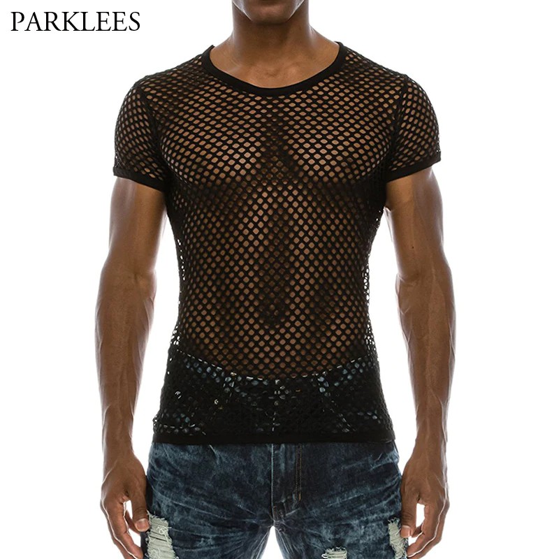 Terlaris Pria Mesh See-Through Stoking Jala T Shirt 2018 Fashion Seksi Lengan Pendek Klub Malam