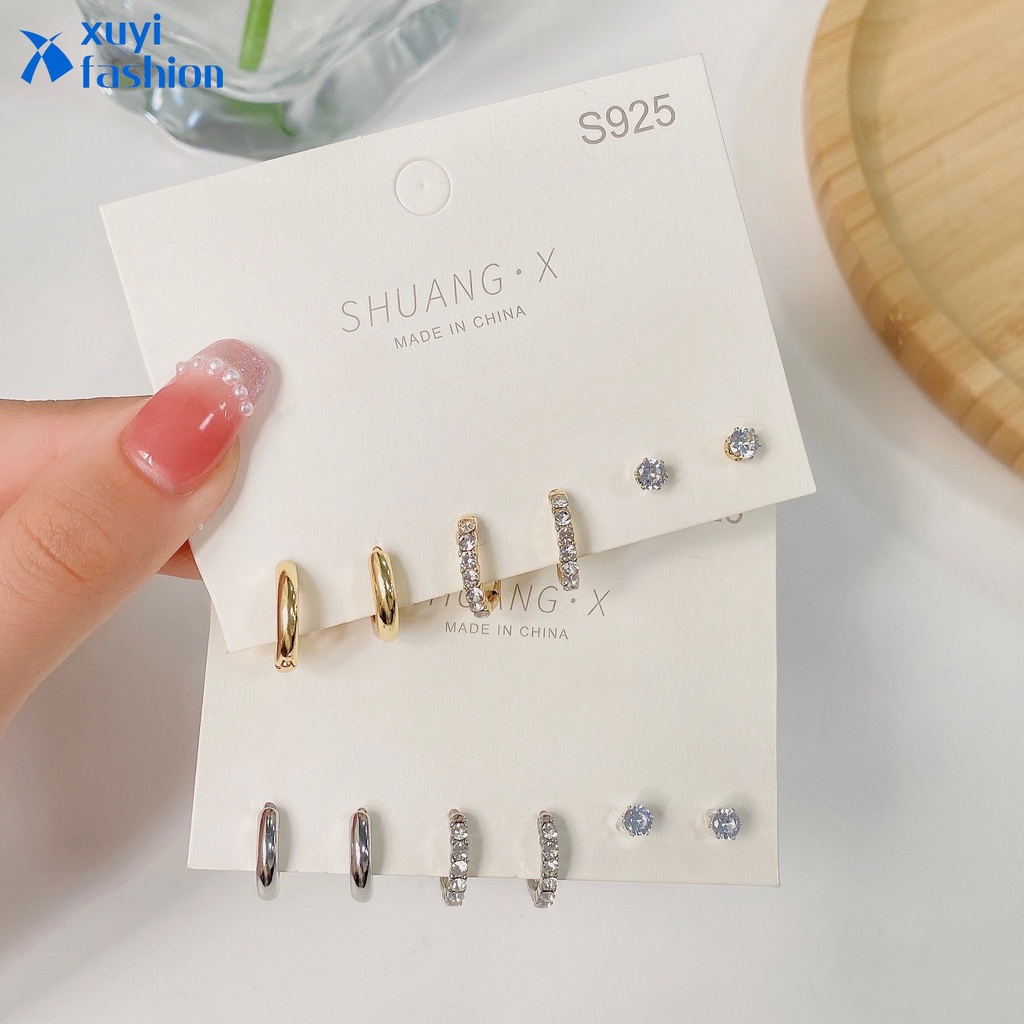 3 Pasang / Set Anting Hoop Berlian Warna Emas Silver Untuk Aksesoris Perhiasan Wanita