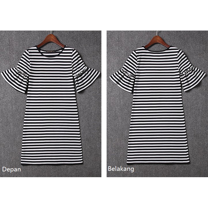 Dress Casual Fashion Lengan Melebar Rok Motif Garis Lengan Pendek Korean Style Rok Tampak Kurus