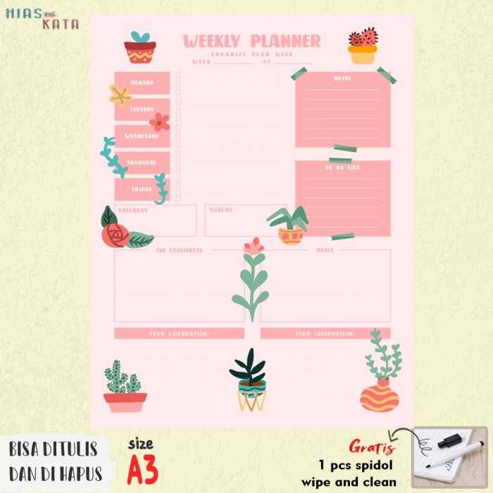 

Sale!!! Weekly Planner Board Wipe & Clean Kaktus Minimalist Bergaransi