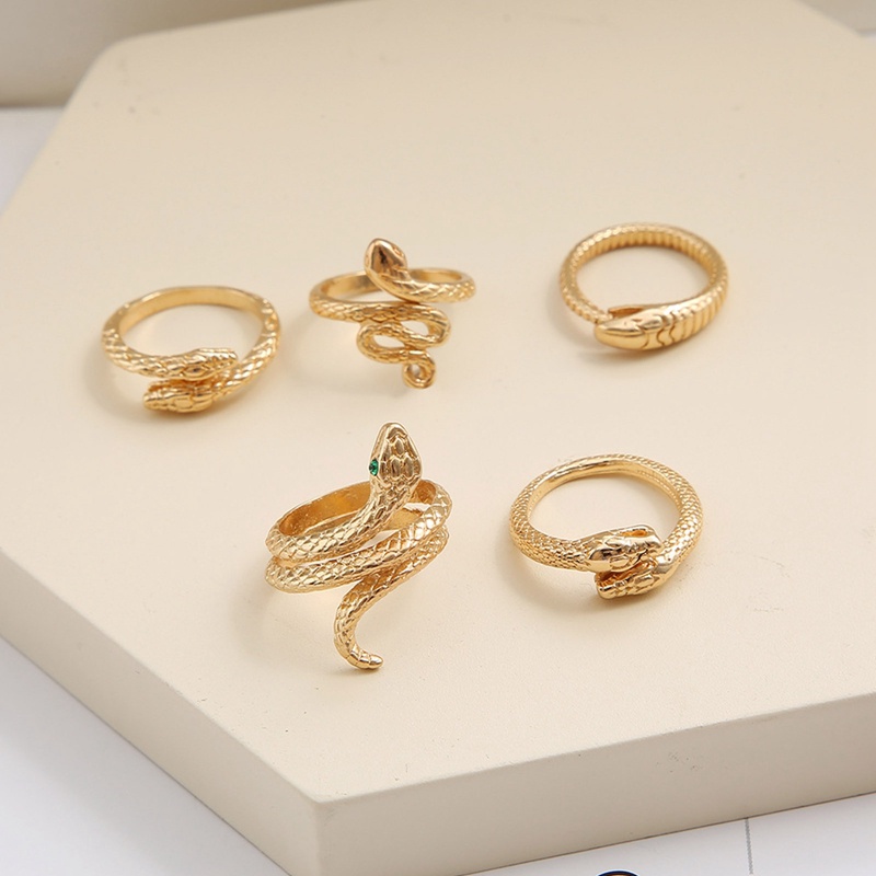 5pcs / Set Cincin Bentuk Ular Warna Emas Gaya Retro Untuk Wanita