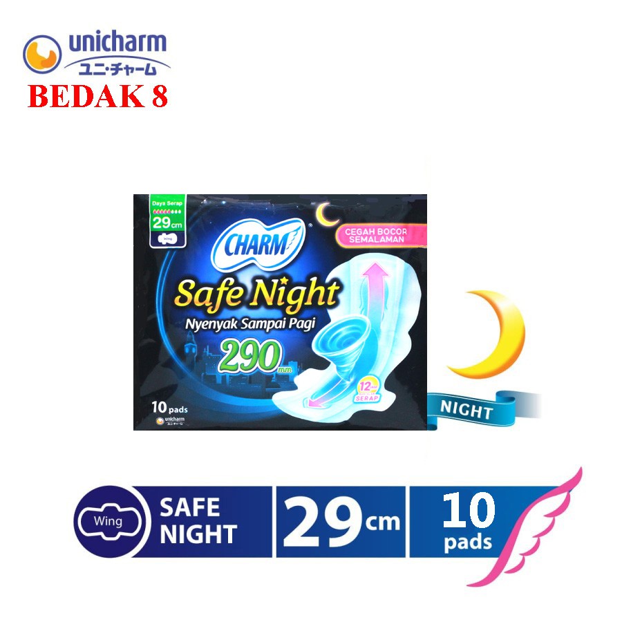 Charm Pembalut Safe Night 29 cm Wing 10 pads