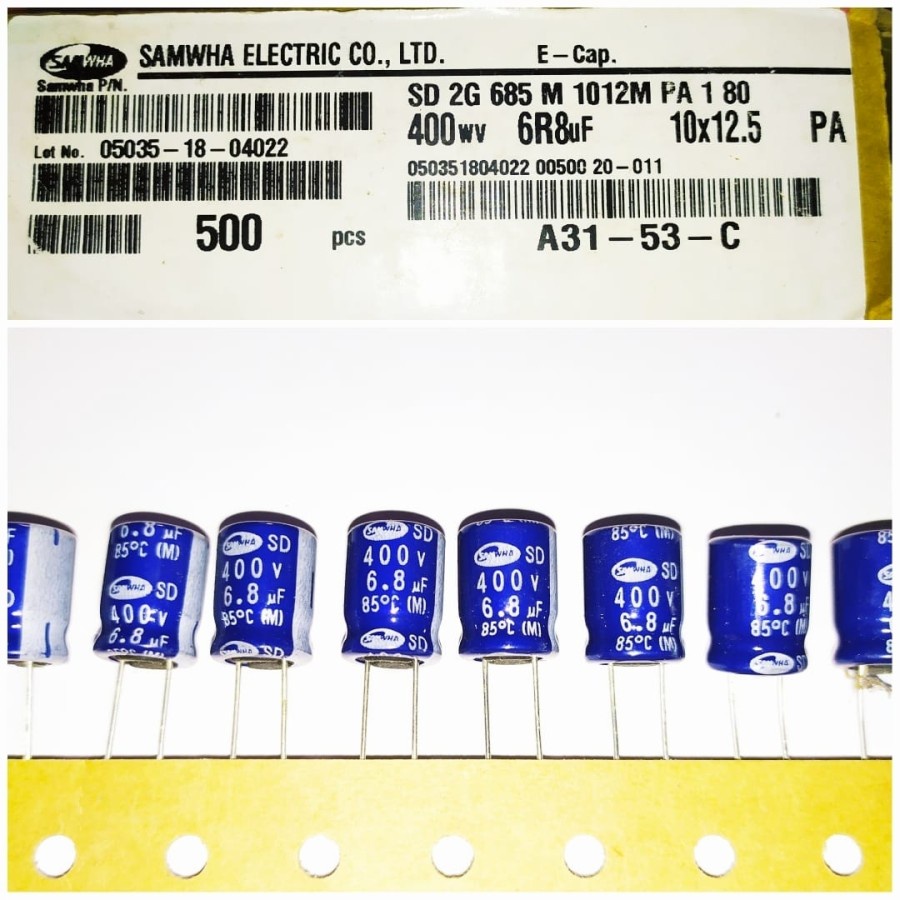 Elco 6.8uf 400v Samwha original / kapasitor elco 6,8uf 400volt