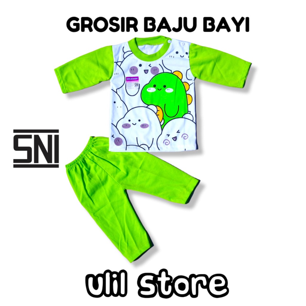 Setelan Baju Bayi Panjang SNI Kancing Pundak Seruni Baby Usia 3-15 Bulan Motif Doodle Dino