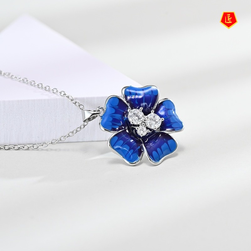 [Ready Stock]Blue Necklace Large Flower Diamond Ear Stud Suit