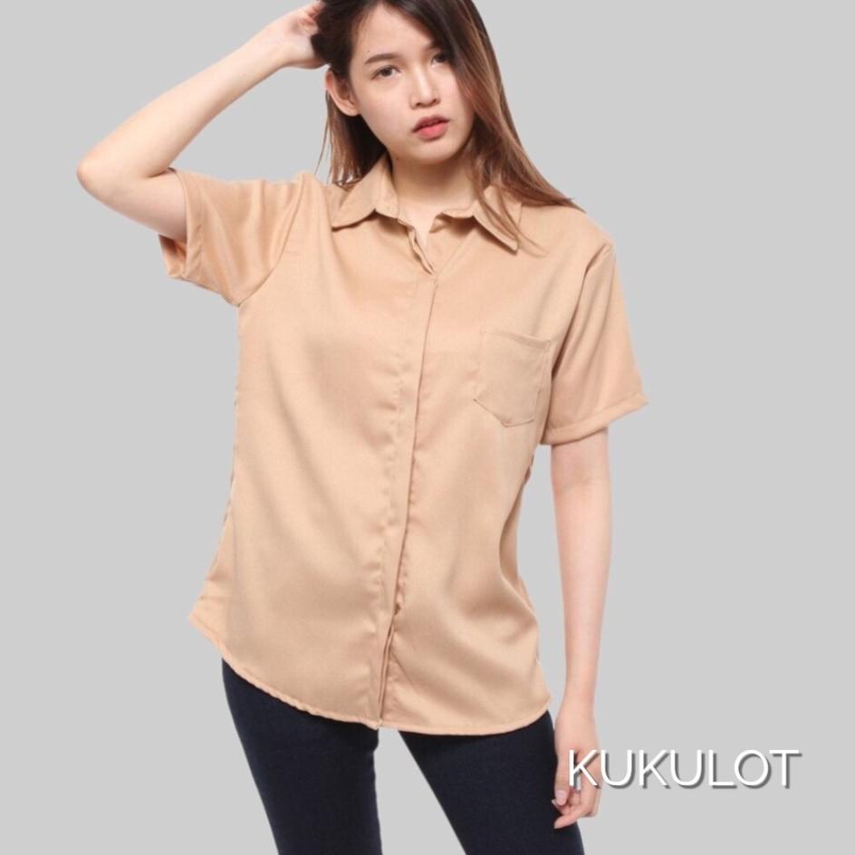 Menarik.. Kemeja Oversize Wanita Lengan Pendek Warna Polos Terbaru Style Cewek Kekinian