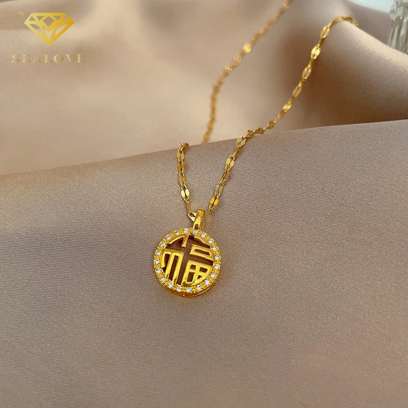 Kalung Titanium Wanita Lucky Karakter China 'Fu' Anti Karat Emas 18k Berlian Perhiasan Titanium Asli