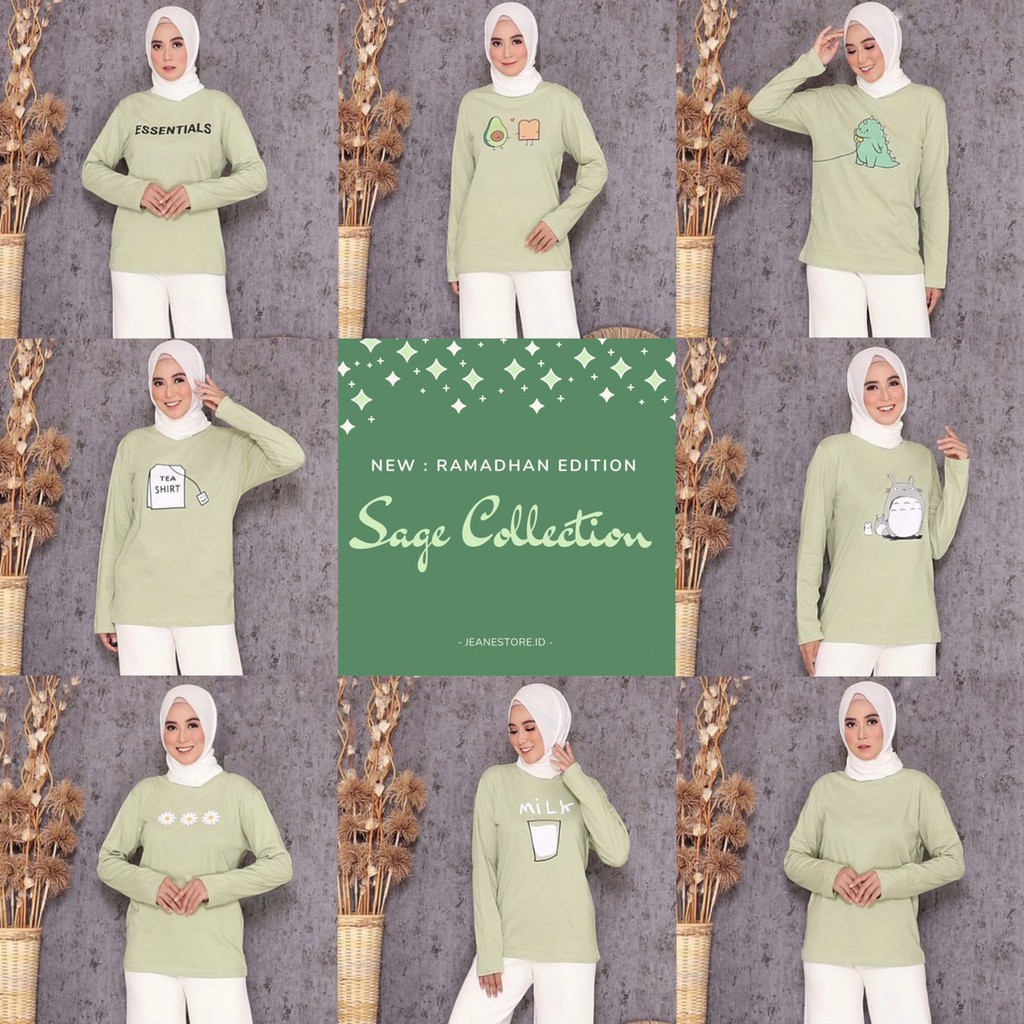 KAOS SAGE GREEN LENGAN PANJANG BAJU TUMBLR TEE HIJAU HIJAB OVERSIZE DINO TOTORO AVOCADO POLOS KATUN