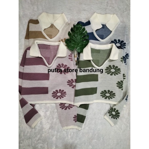 SWEATER CROP LYDIA MOTIF GARIS BUNGA PREMIUM