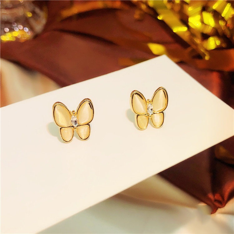 Shuling S925 silver needle Korean Style Opal Butterfly Earrings Fashion Cat's Eye Earrings Female Stud Earrings