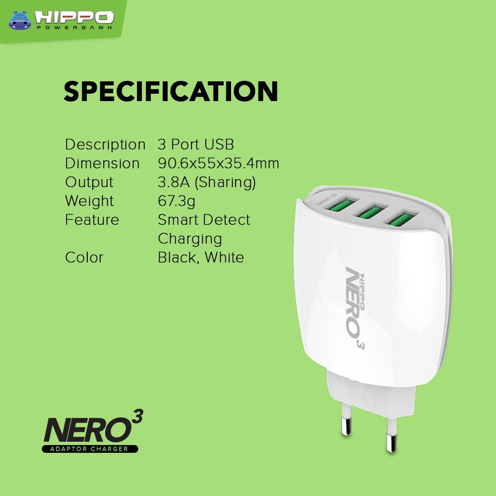 Kepala Adaptor Charger Hippo Nero 3 Lobang USB Port Original Ori For XiaoMi Samsung Oppo Vivo LG